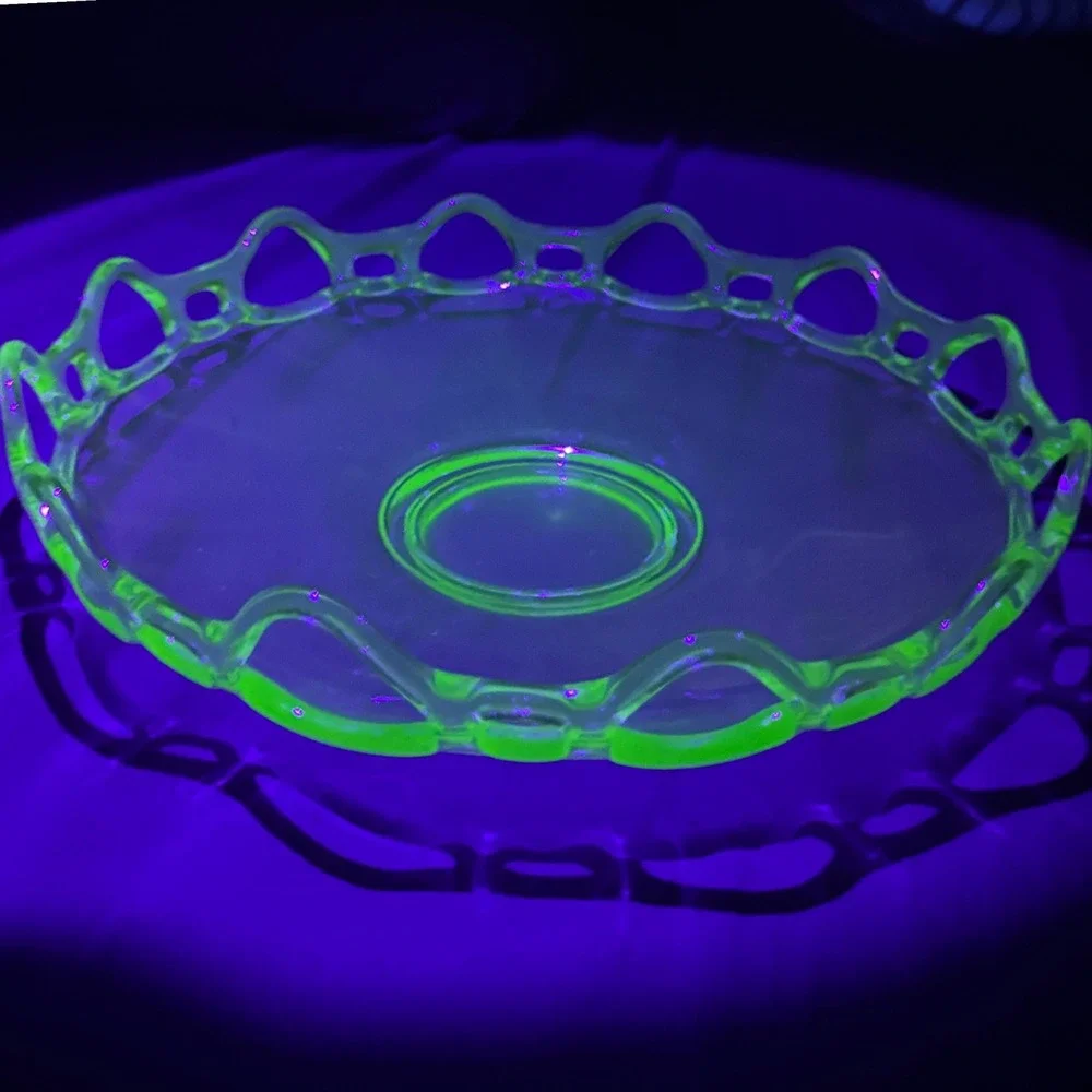 Vintage Green Uranium Glass Bowl Open Lace Edge Depression Glass Glows UV 11.5in
